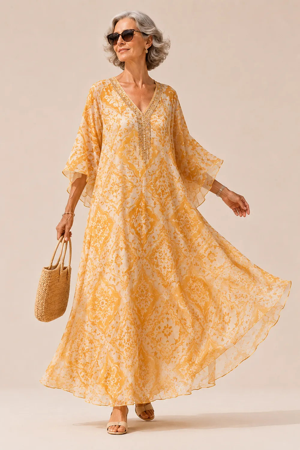 Embellished V-Neck Flowing Maxi Dress