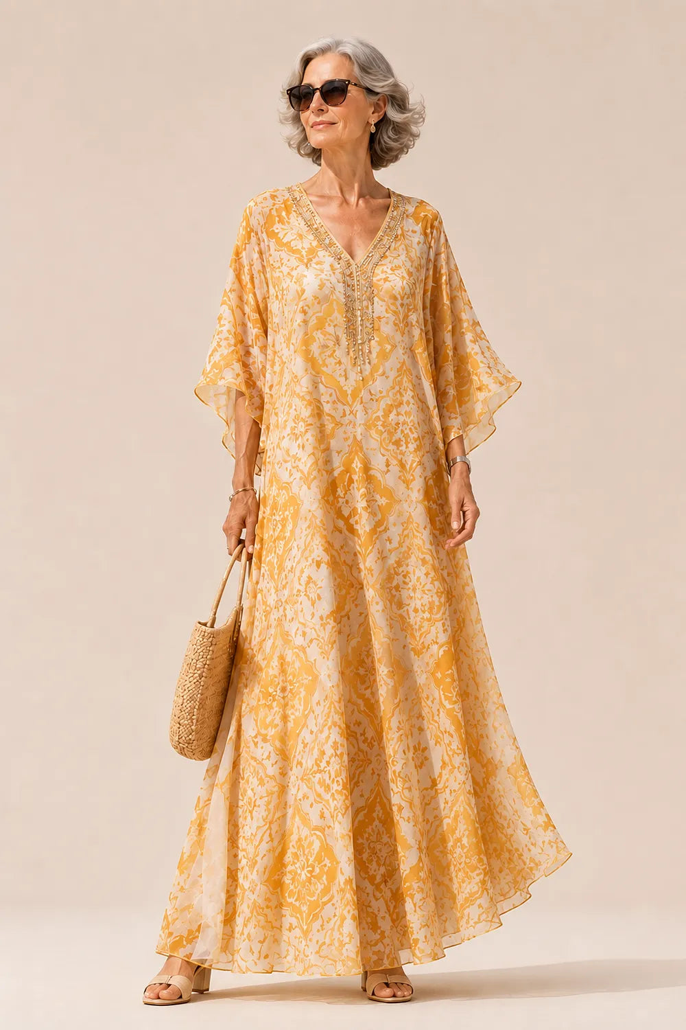 Embellished V-Neck Flowing Maxi Dress