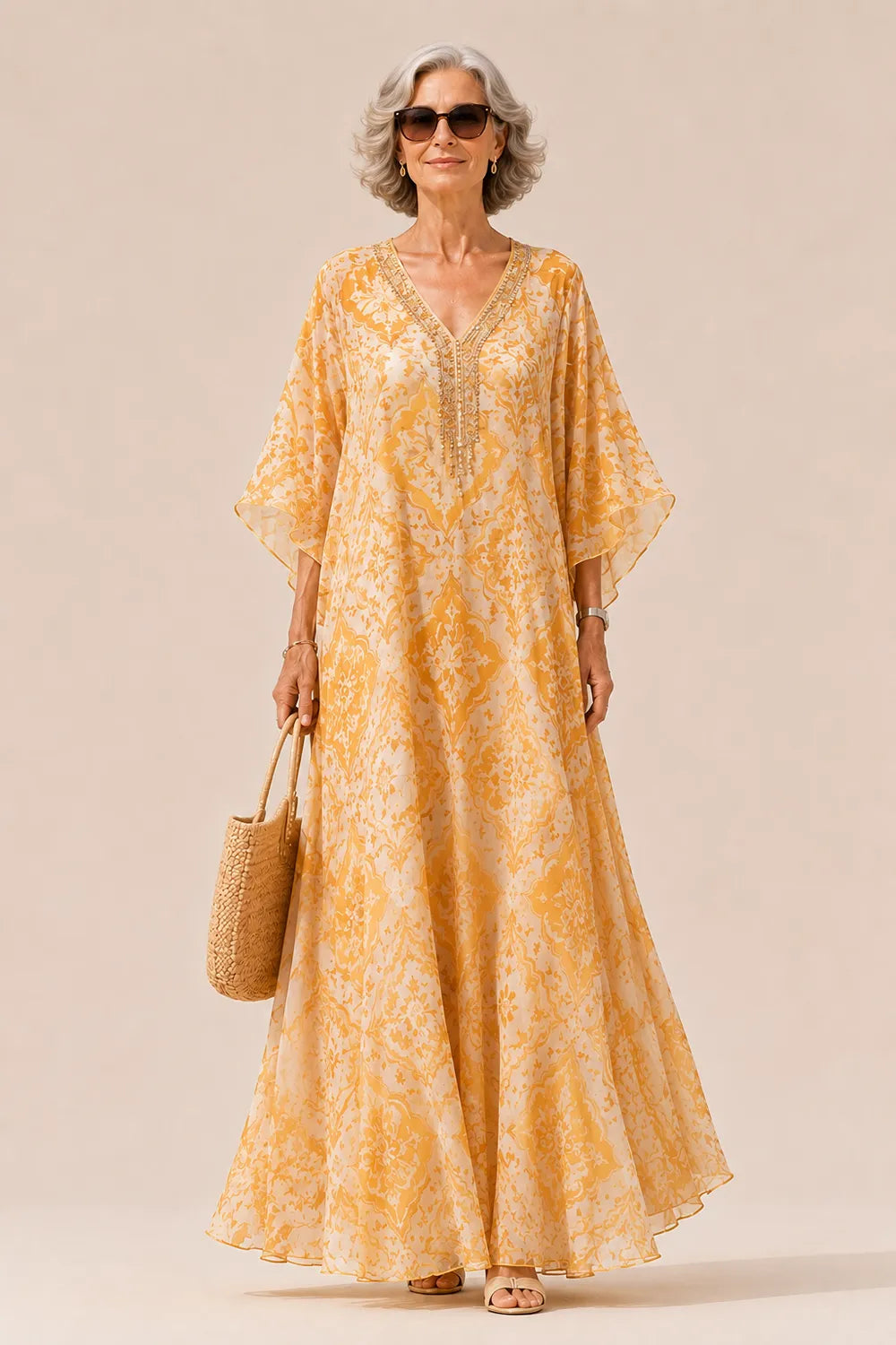 Embellished V-Neck Flowing Maxi Dress