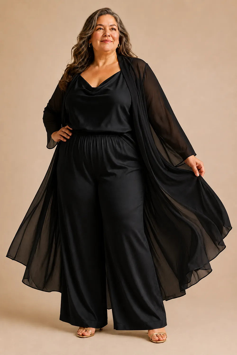 Elegant Cowl Neck Chiffon Pant Set with Duster