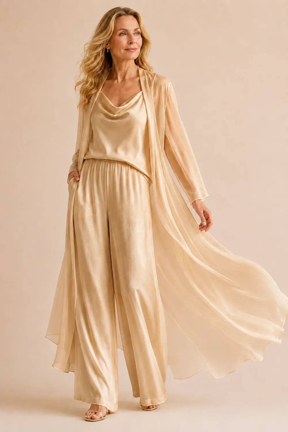 Elegant Cowl Neck Chiffon Pant Set with Duster
