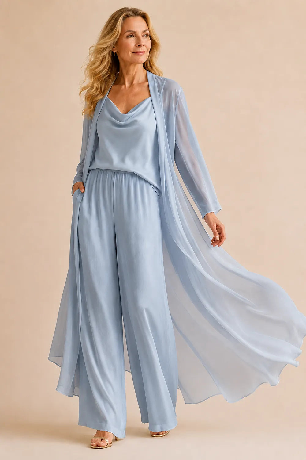 Elegant Cowl Neck Chiffon Pant Set with Duster
