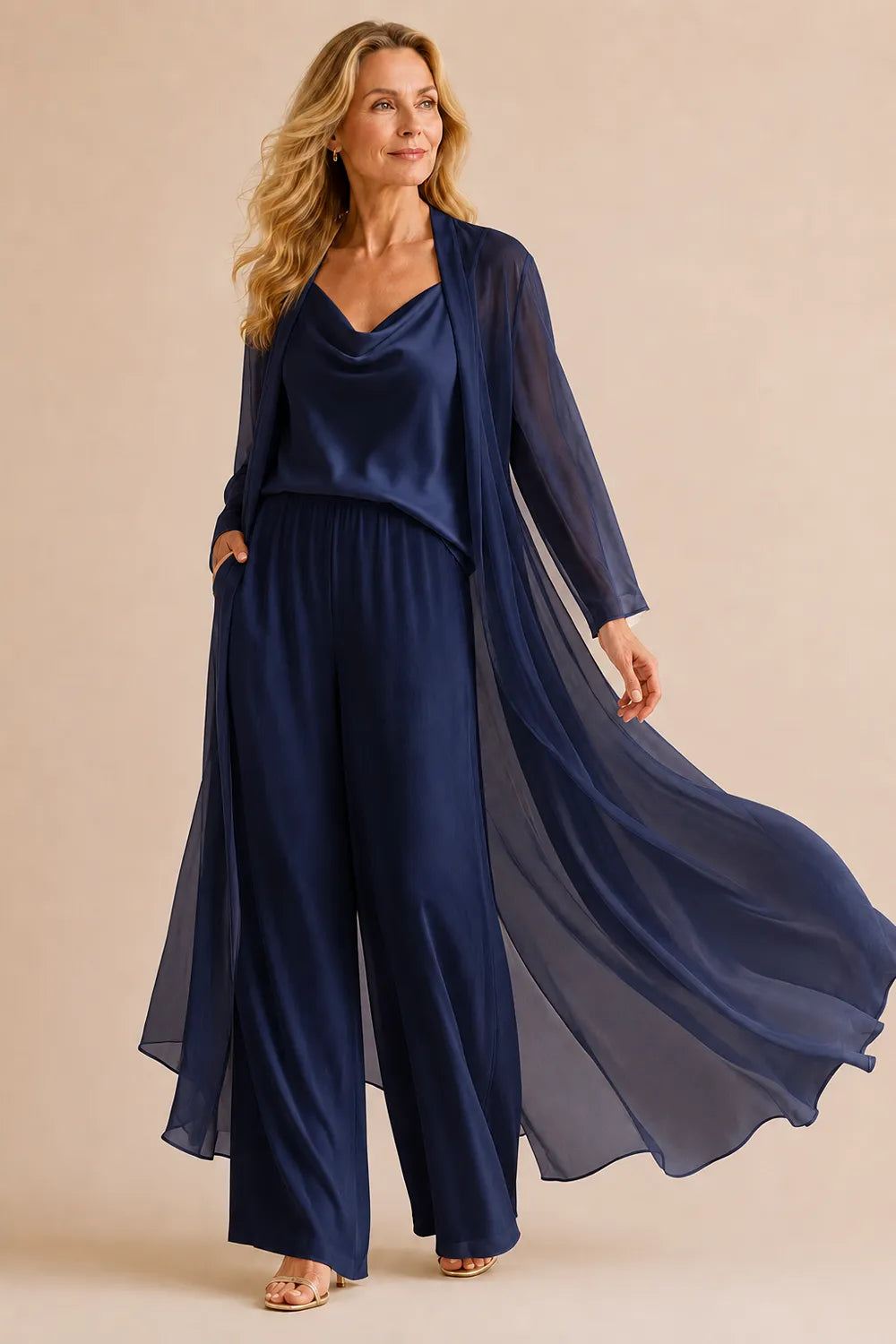 Elegant Cowl Neck Chiffon Pant Set with Duster