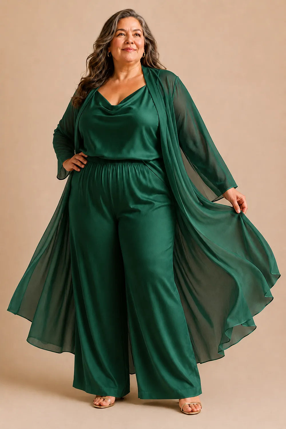 Elegant Cowl Neck Chiffon Pant Set with Duster