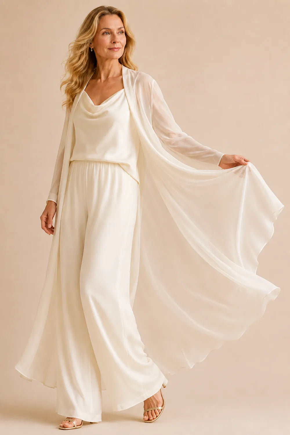 Elegant Cowl Neck Chiffon Pant Set with Duster