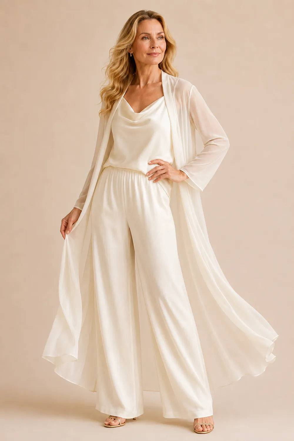 Elegant Cowl Neck Chiffon Pant Set with Duster
