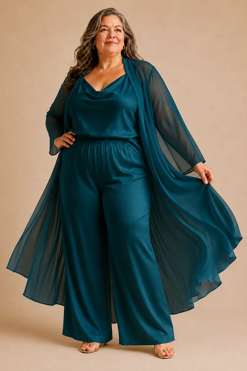 Elegant Cowl Neck Chiffon Pant Set with Duster