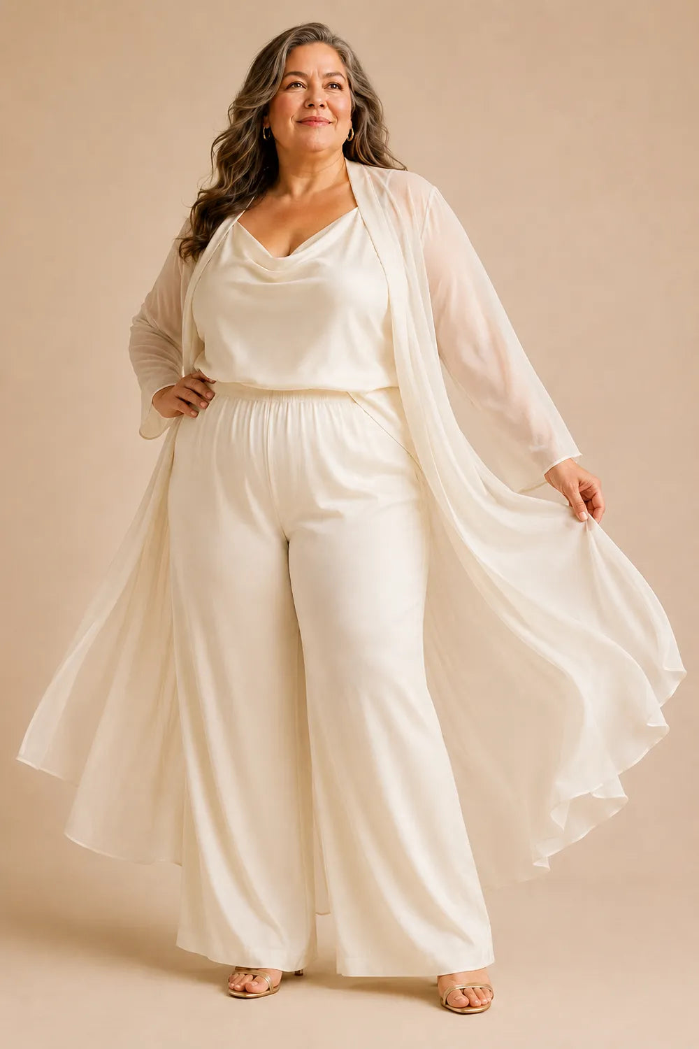 Elegant Cowl Neck Chiffon Pant Set with Duster