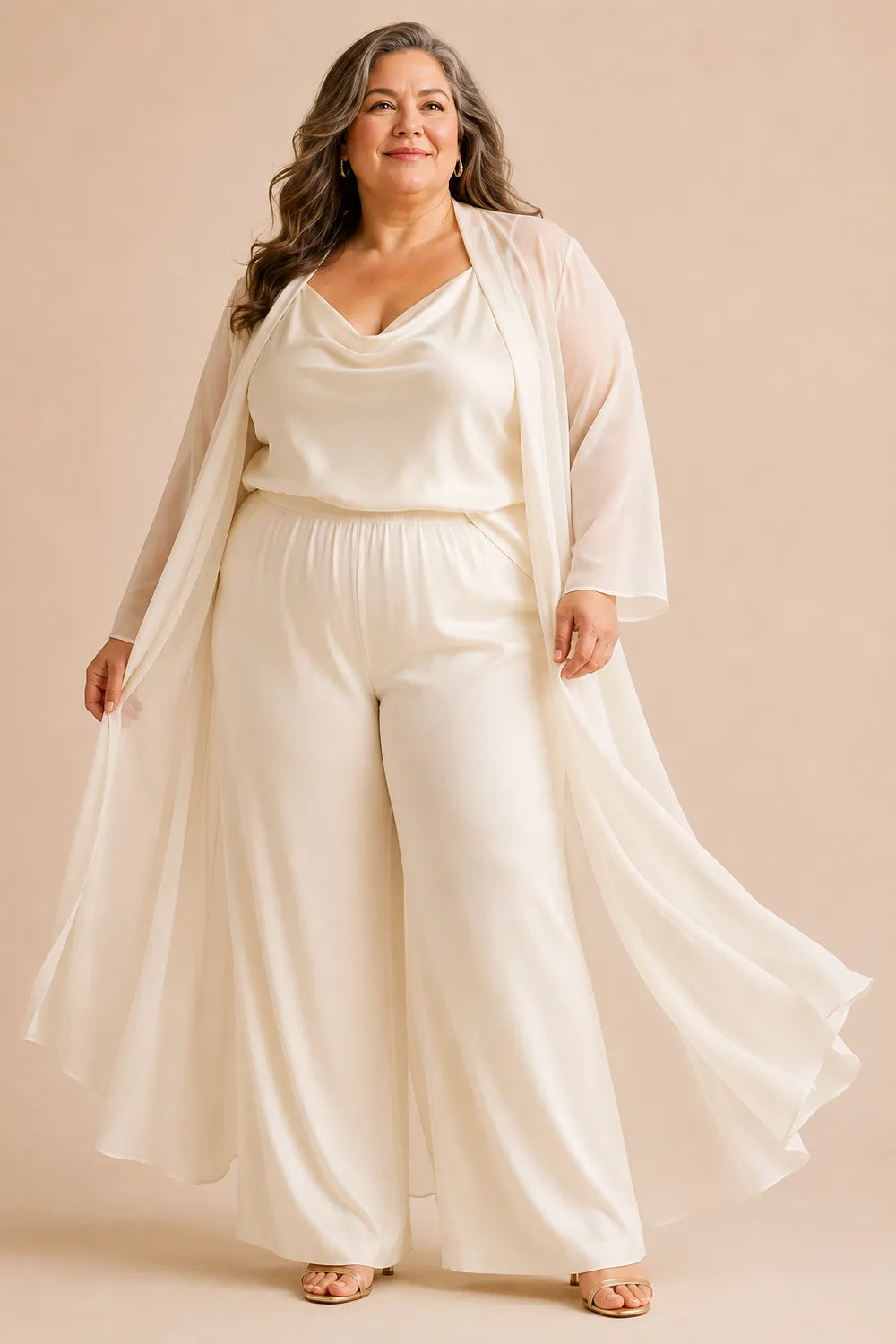 Elegant Cowl Neck Chiffon Pant Set with Duster