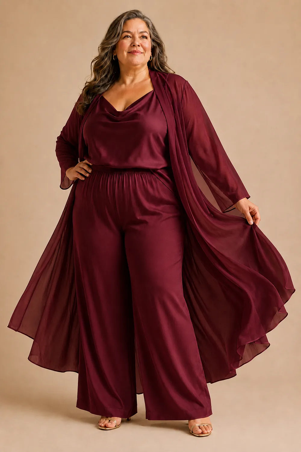 Elegant Cowl Neck Chiffon Pant Set with Duster