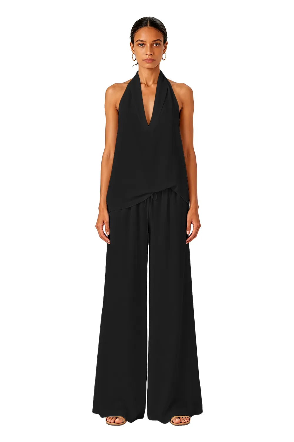 Backless Halter Wide-Leg Wedding Guest Jumpsuit