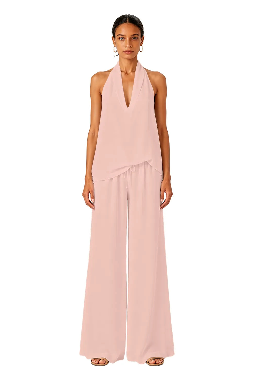 Backless Halter Wide-Leg Wedding Guest Jumpsuit