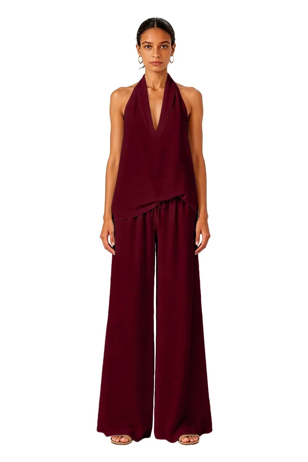 Backless Halter Wide-Leg Wedding Guest Jumpsuit