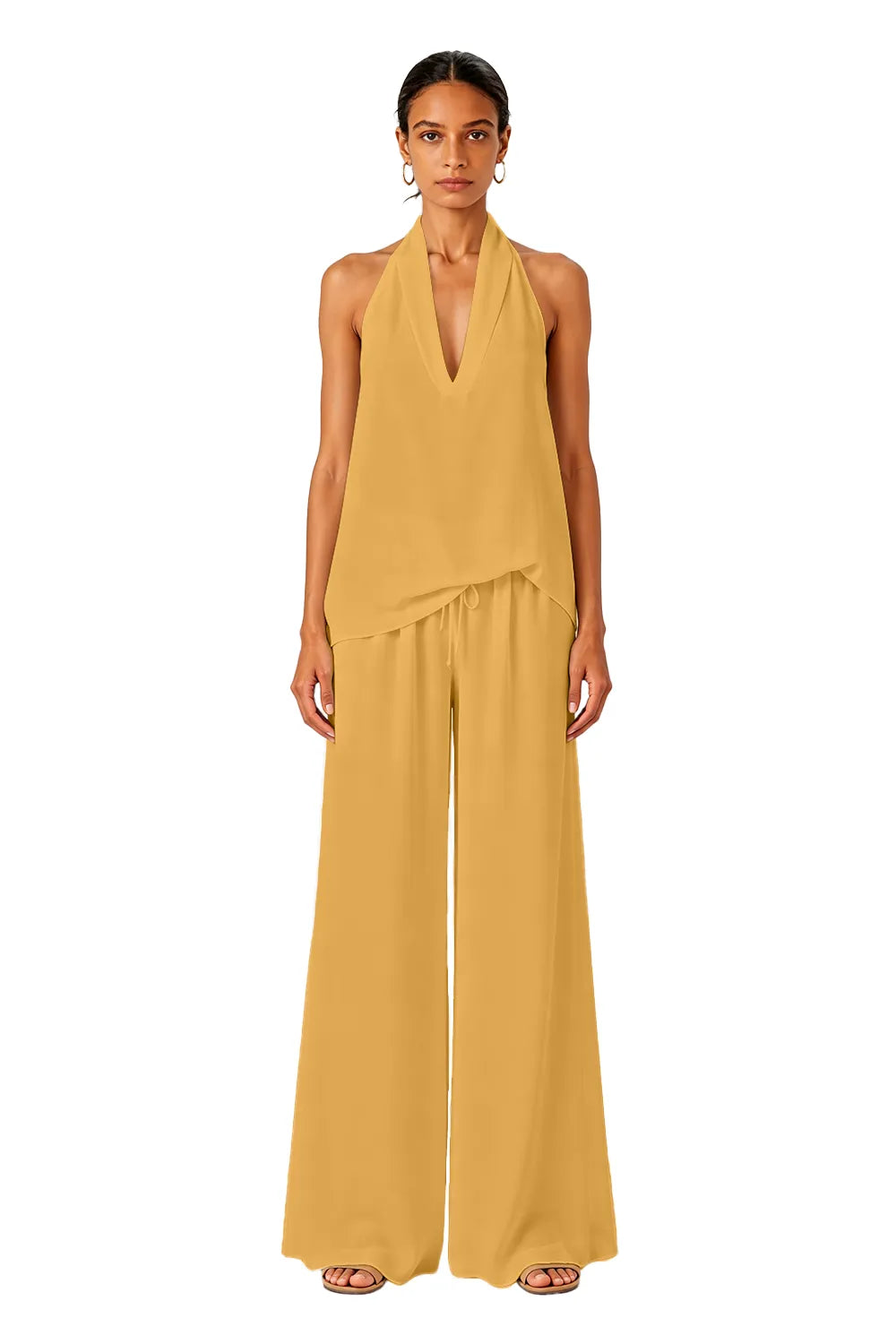 Backless Halter Wide-Leg Wedding Guest Jumpsuit