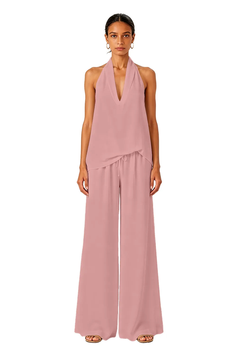 Backless Halter Wide-Leg Wedding Guest Jumpsuit