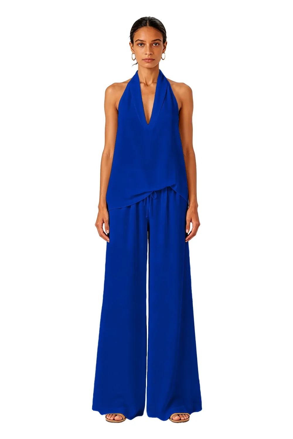 Backless Halter Wide-Leg Wedding Guest Jumpsuit
