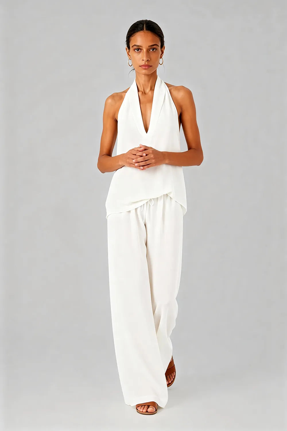 Backless Halter Wide-Leg Wedding Guest Jumpsuit