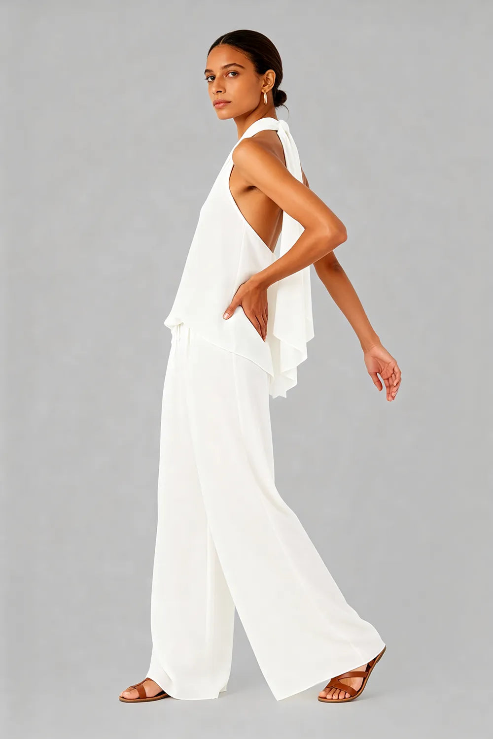 Backless Halter Wide-Leg Wedding Guest Jumpsuit