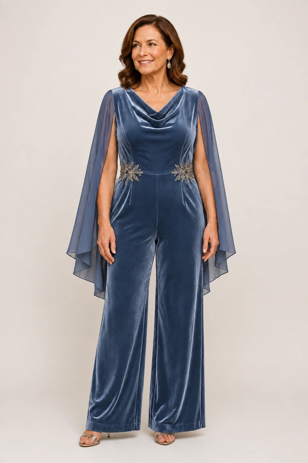 Velvet Cowl-Neck Embellished Cape-Sleeve Wide-Leg Jumpsuit