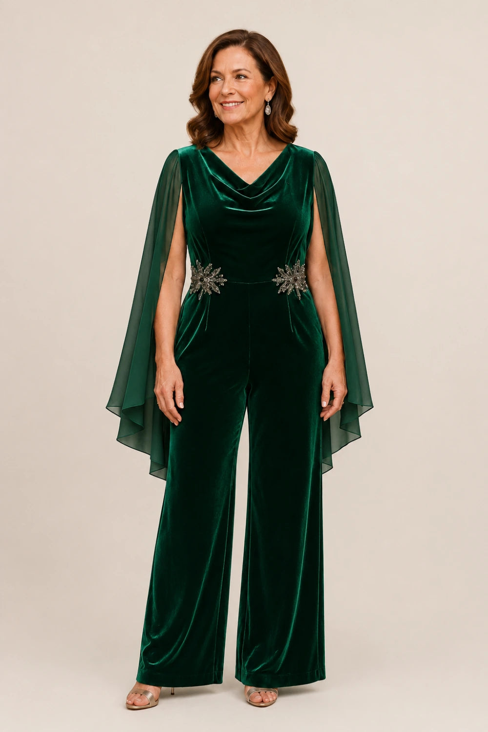 Velvet Cowl-Neck Embellished Cape-Sleeve Wide-Leg Jumpsuit