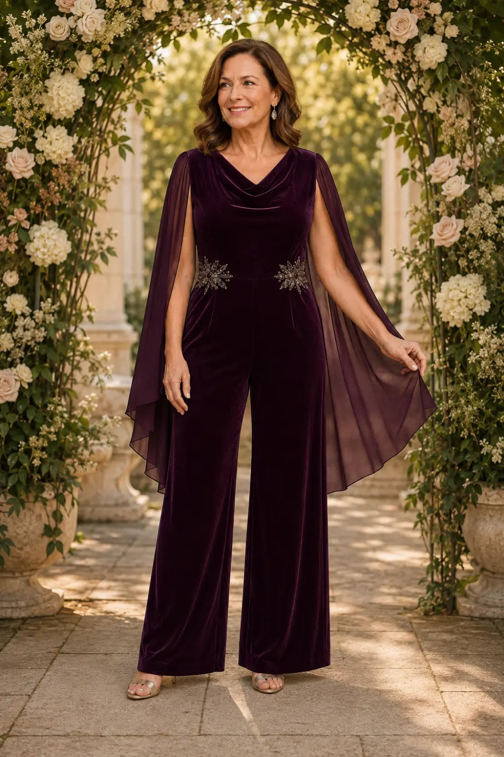 Velvet Cowl-Neck Embellished Cape-Sleeve Wide-Leg Jumpsuit