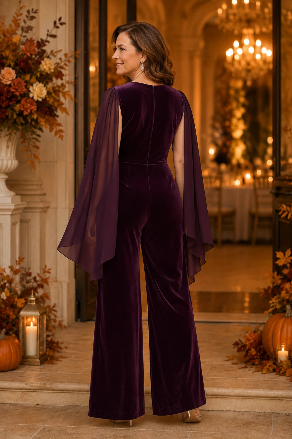 Velvet Cowl-Neck Embellished Cape-Sleeve Wide-Leg Jumpsuit