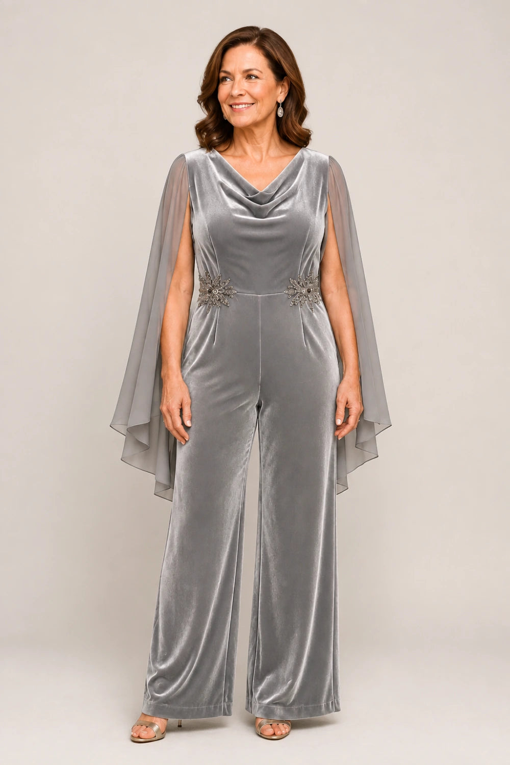 Velvet Cowl-Neck Embellished Cape-Sleeve Wide-Leg Jumpsuit