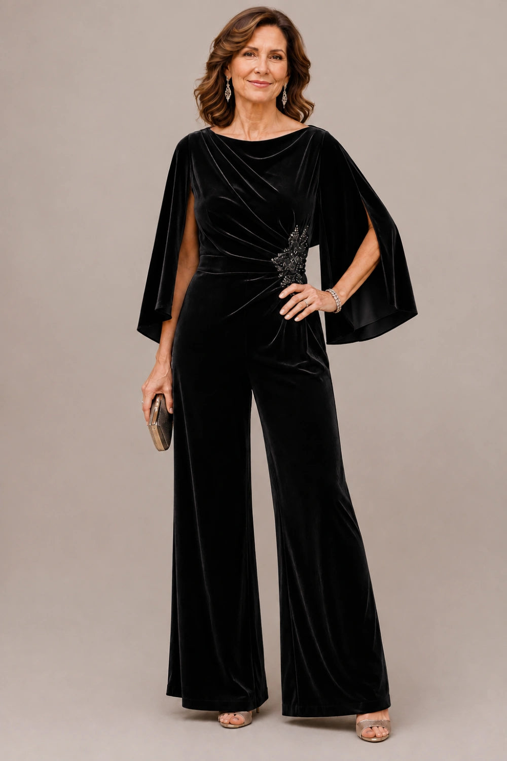 Velvet Draped-Neck Embellished Cape-Sleeve Wide-Leg Jumpsuit