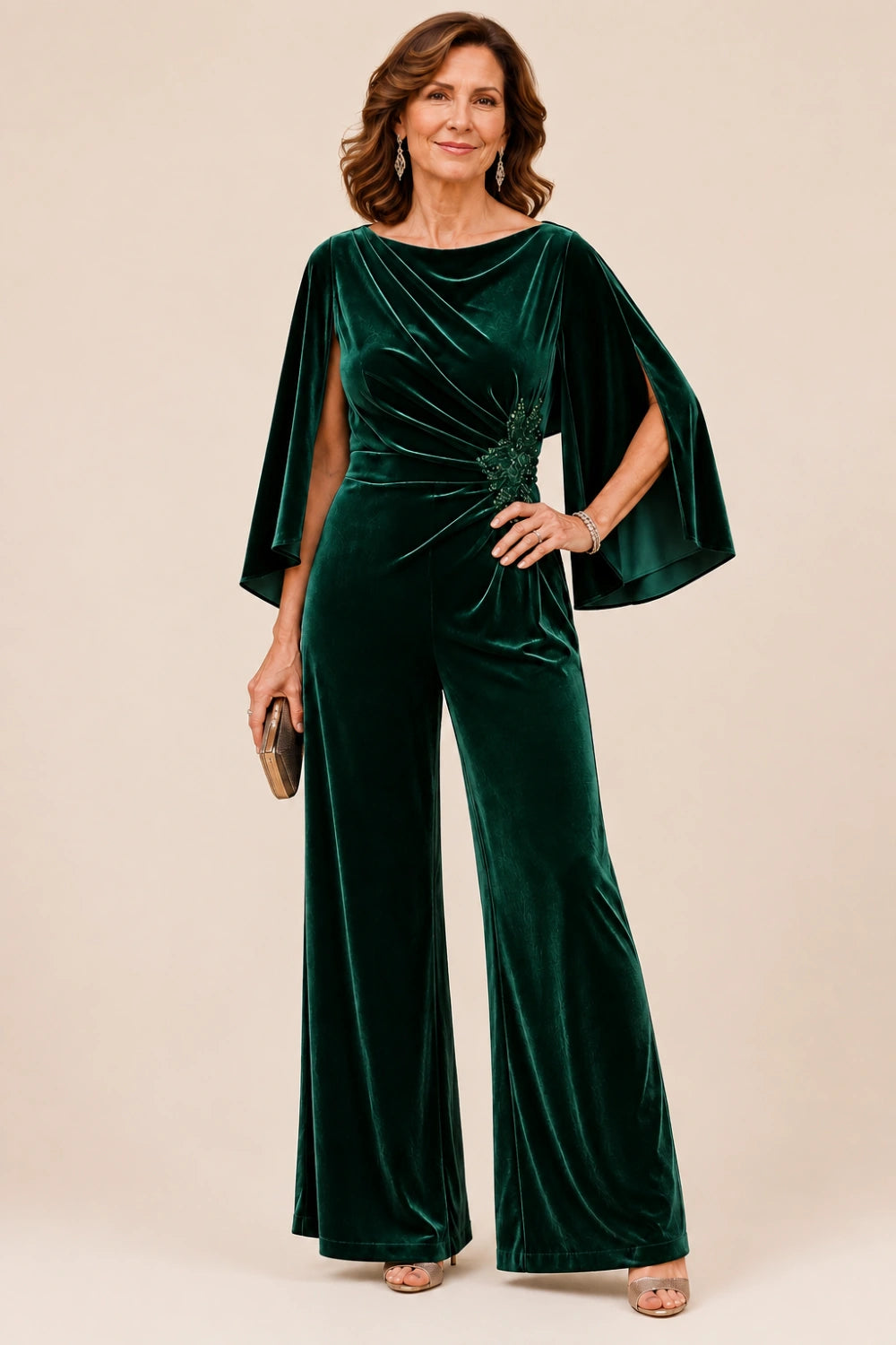 Velvet Draped-Neck Embellished Cape-Sleeve Wide-Leg Jumpsuit