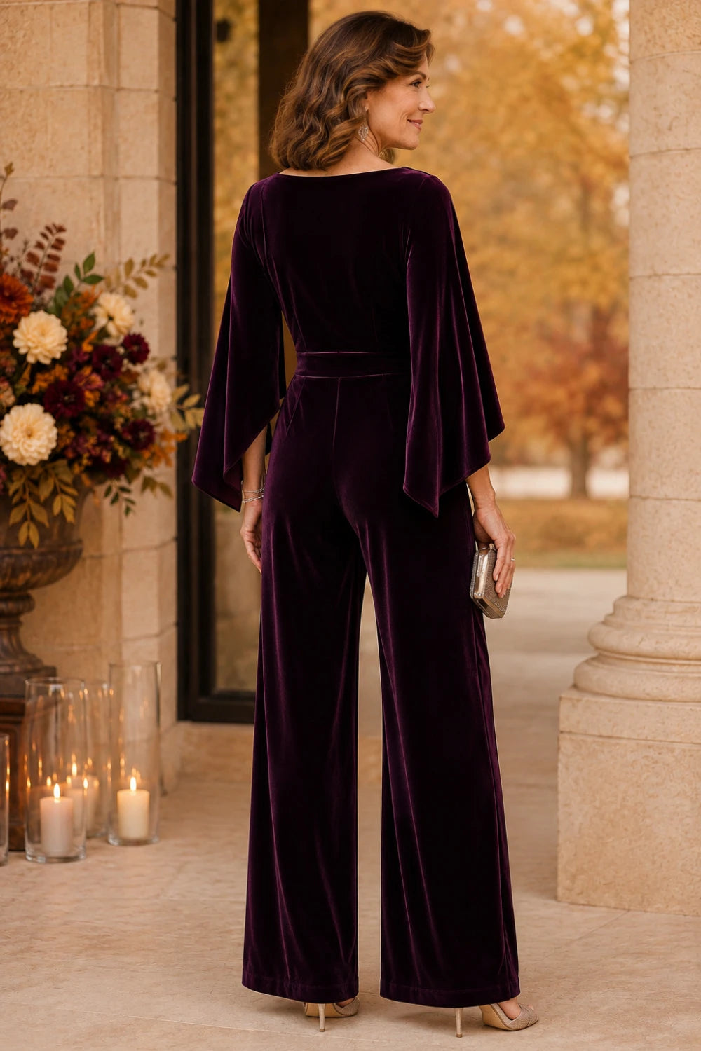Velvet Draped-Neck Embellished Cape-Sleeve Wide-Leg Jumpsuit