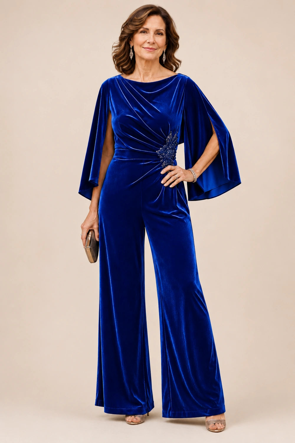 Velvet Draped-Neck Embellished Cape-Sleeve Wide-Leg Jumpsuit