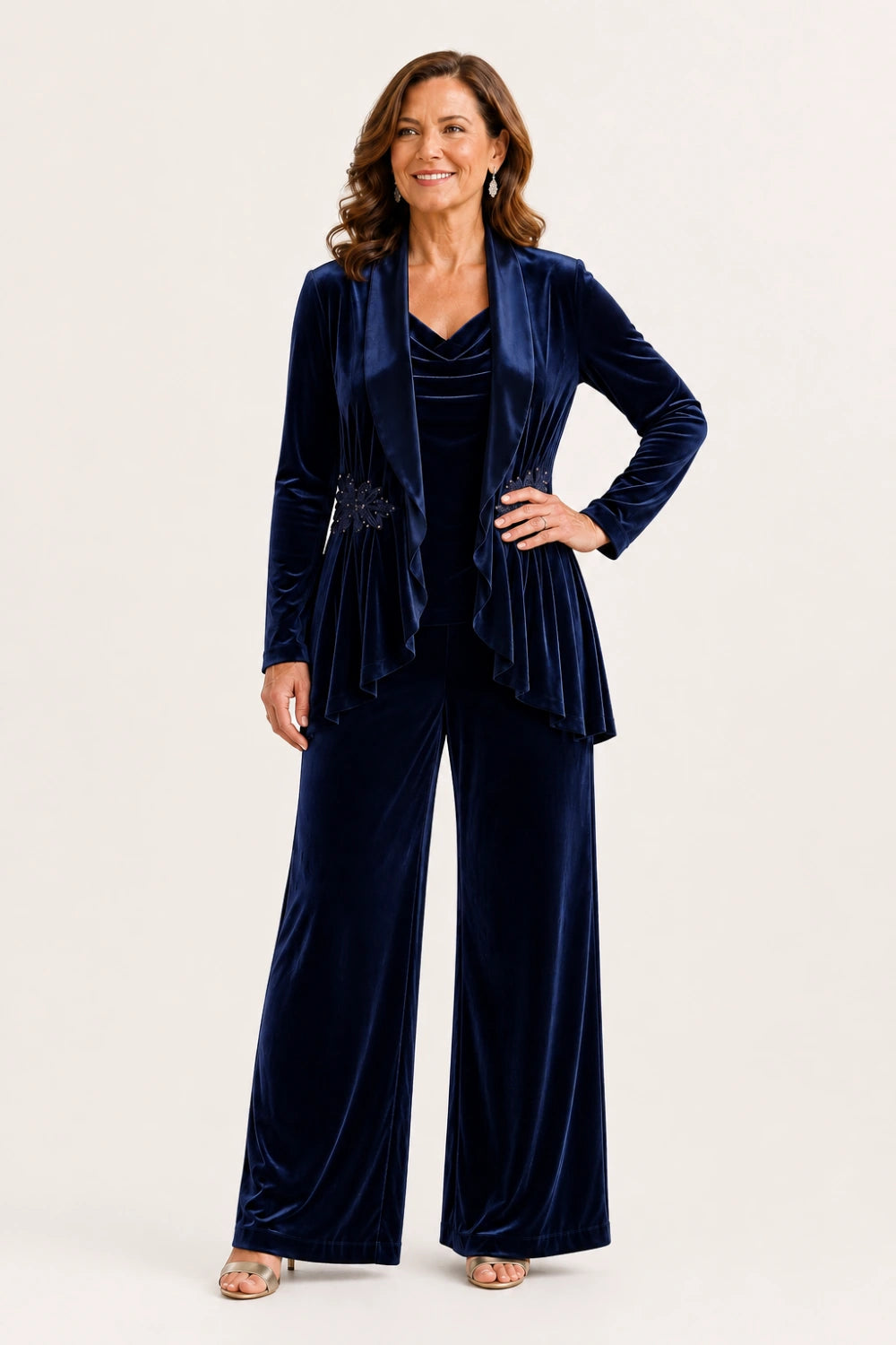 Velvet Three-Piece Pant Suit with Draped Jacket