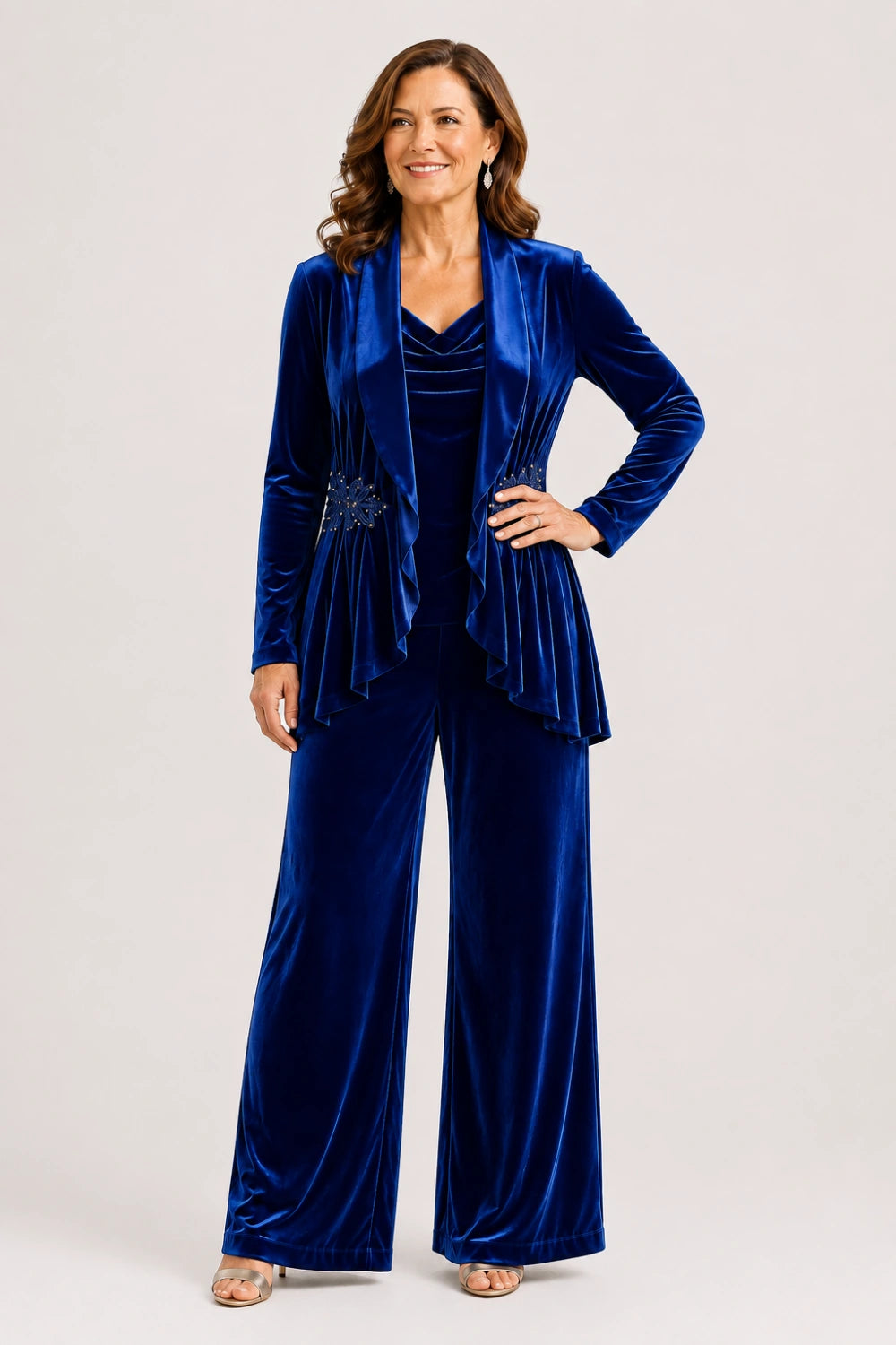 Velvet Three-Piece Pant Suit with Draped Jacket