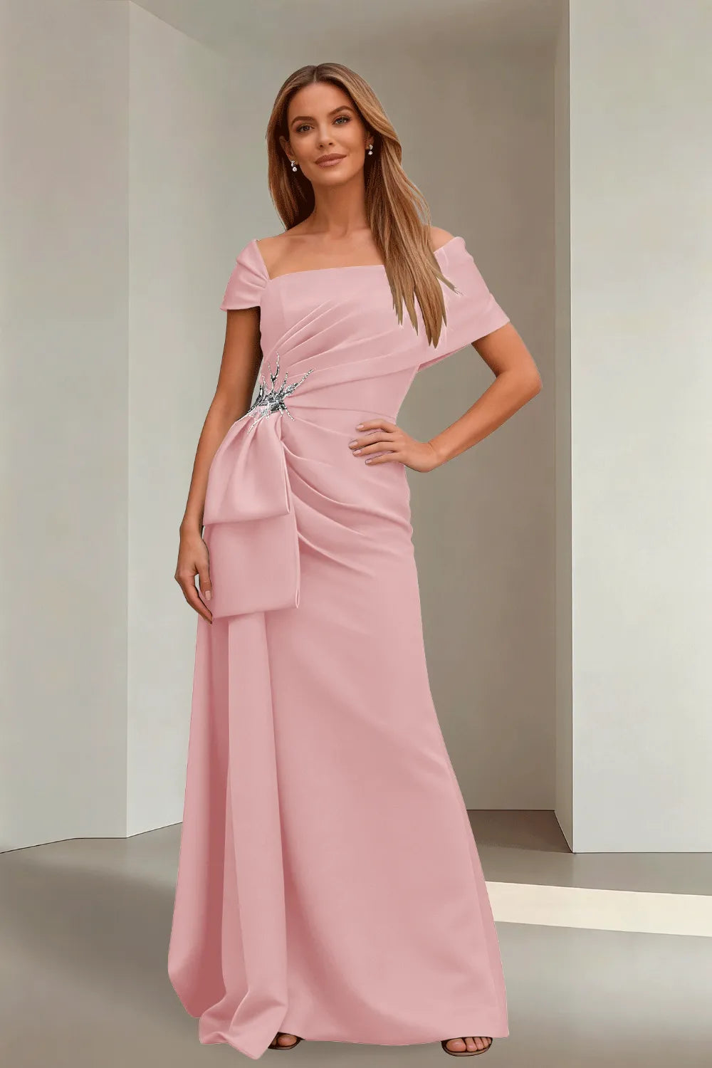 Off-Shoulder Ruched Floor-Length Formal Gown