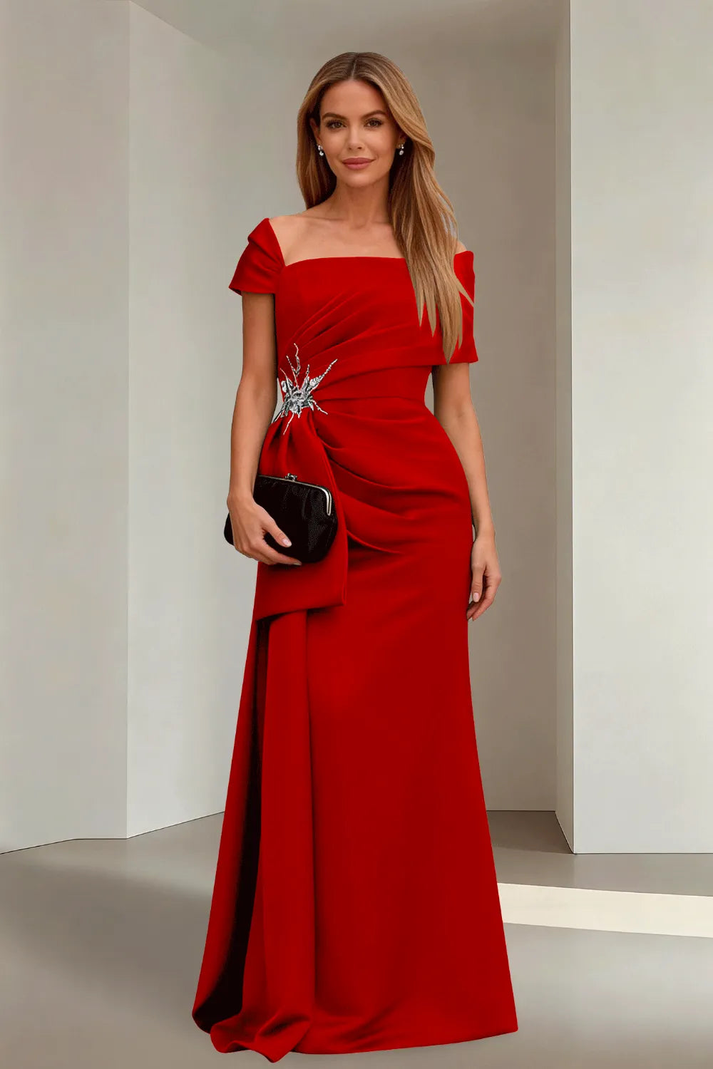 Off-Shoulder Ruched Floor-Length Formal Gown