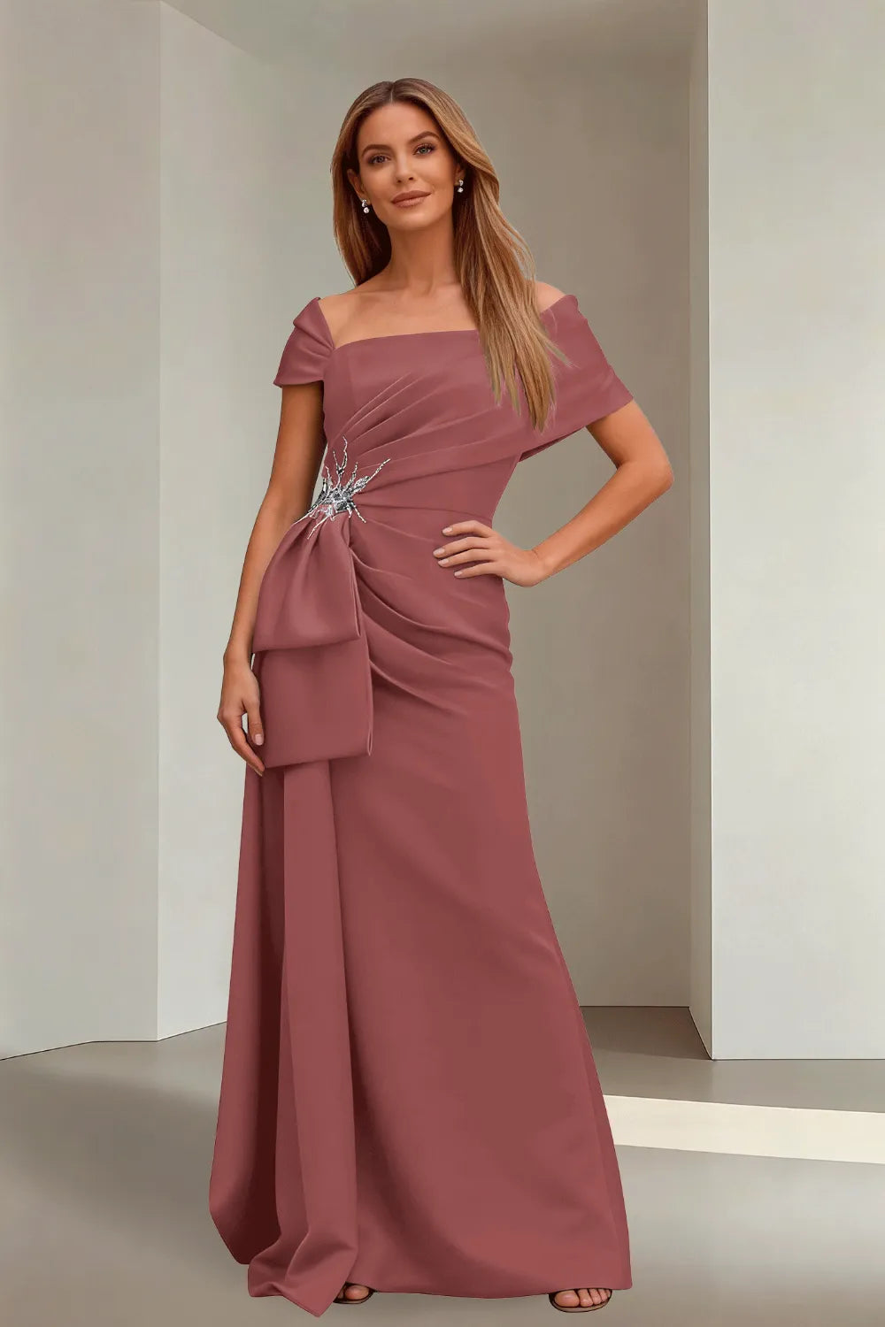 Off-Shoulder Ruched Floor-Length Formal Gown