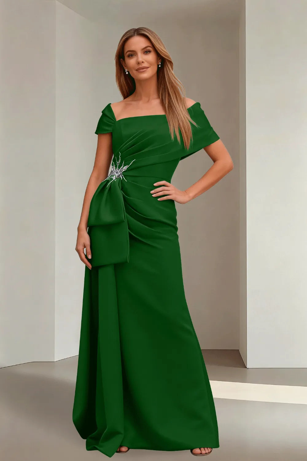 Off-Shoulder Ruched Floor-Length Formal Gown