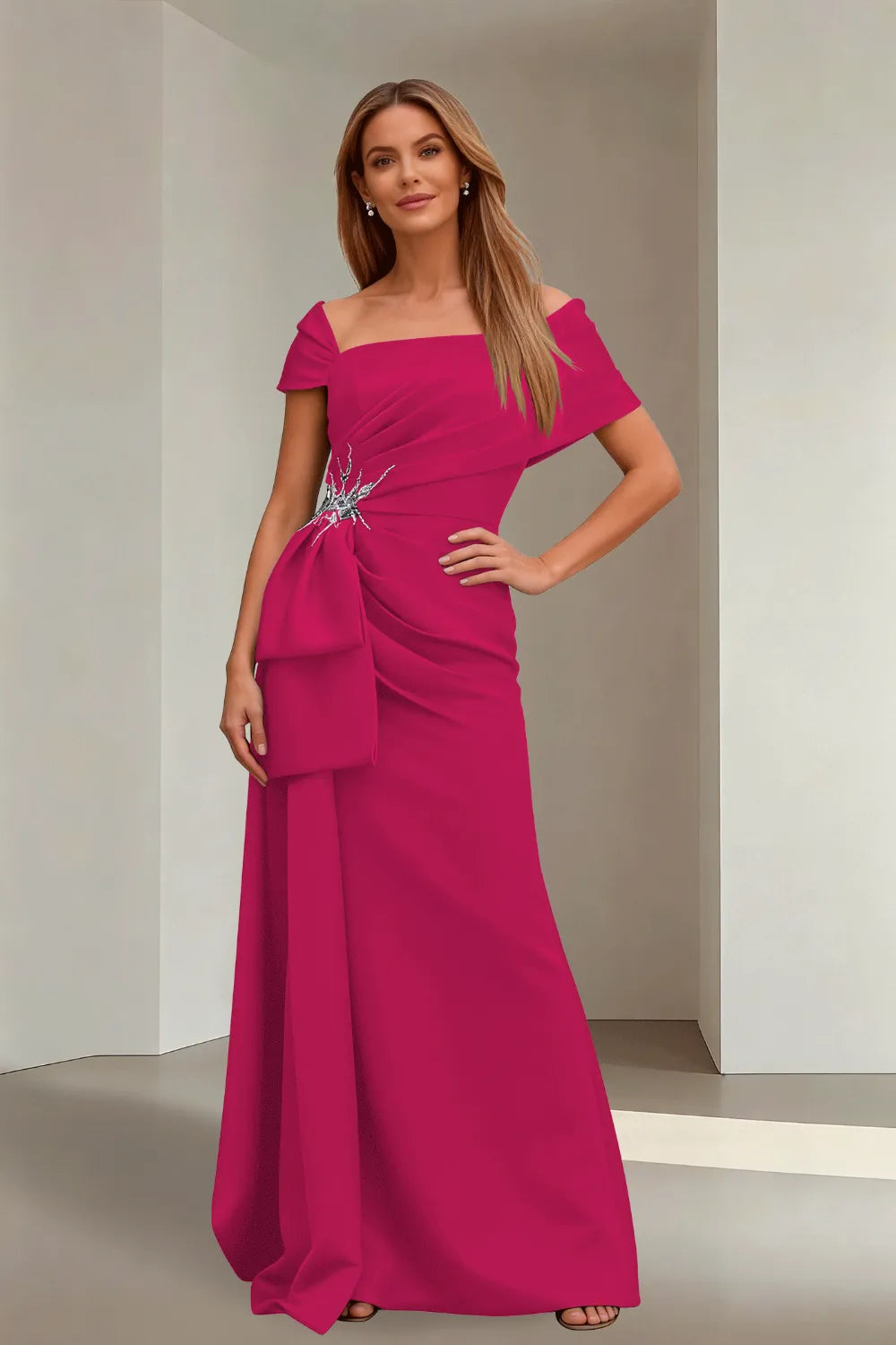 Off-Shoulder Ruched Floor-Length Formal Gown