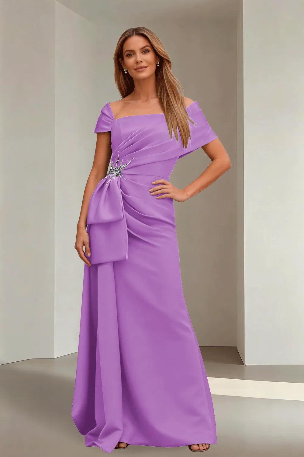 Off-Shoulder Ruched Floor-Length Formal Gown