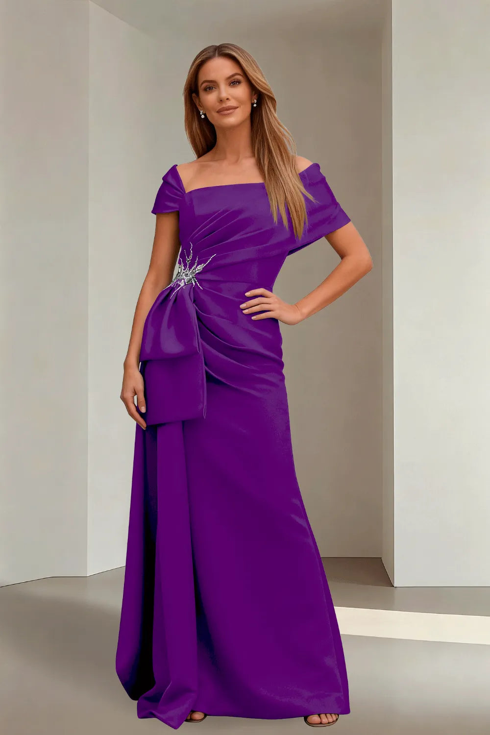 Off-Shoulder Ruched Floor-Length Formal Gown