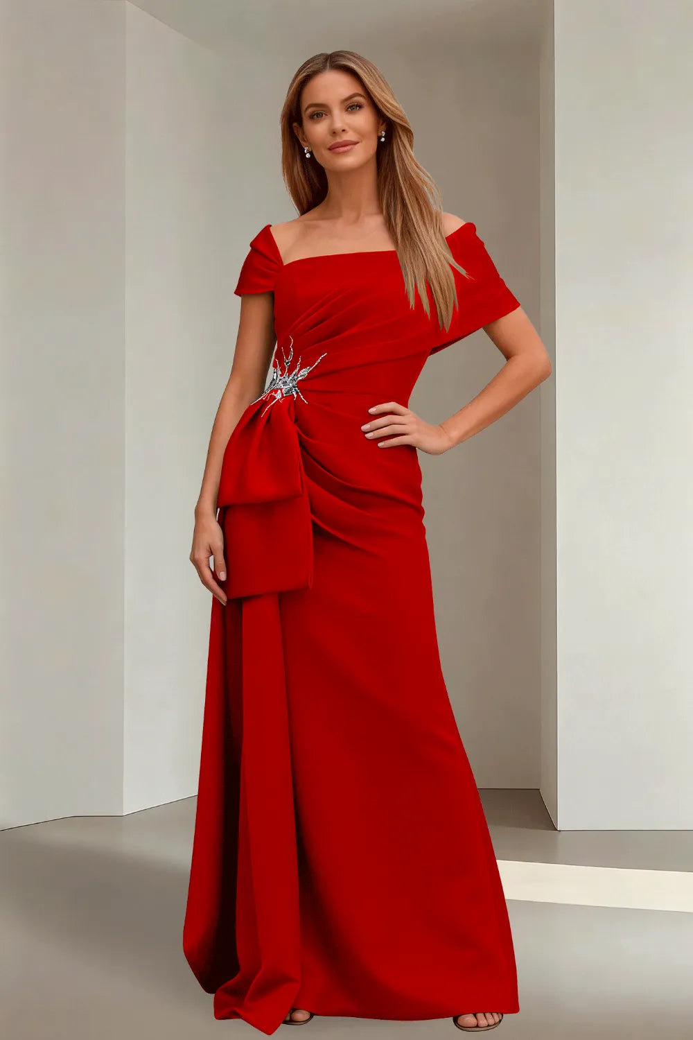Off-Shoulder Ruched Floor-Length Formal Gown