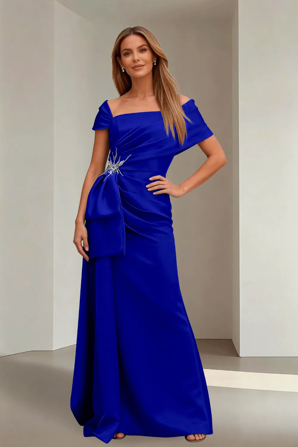 Off-Shoulder Ruched Floor-Length Formal Gown