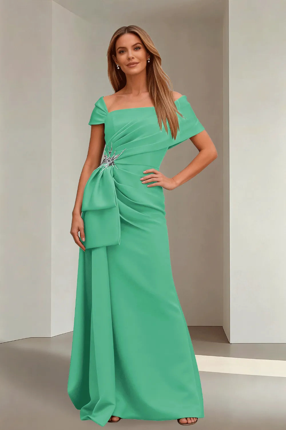 Off-Shoulder Ruched Floor-Length Formal Gown