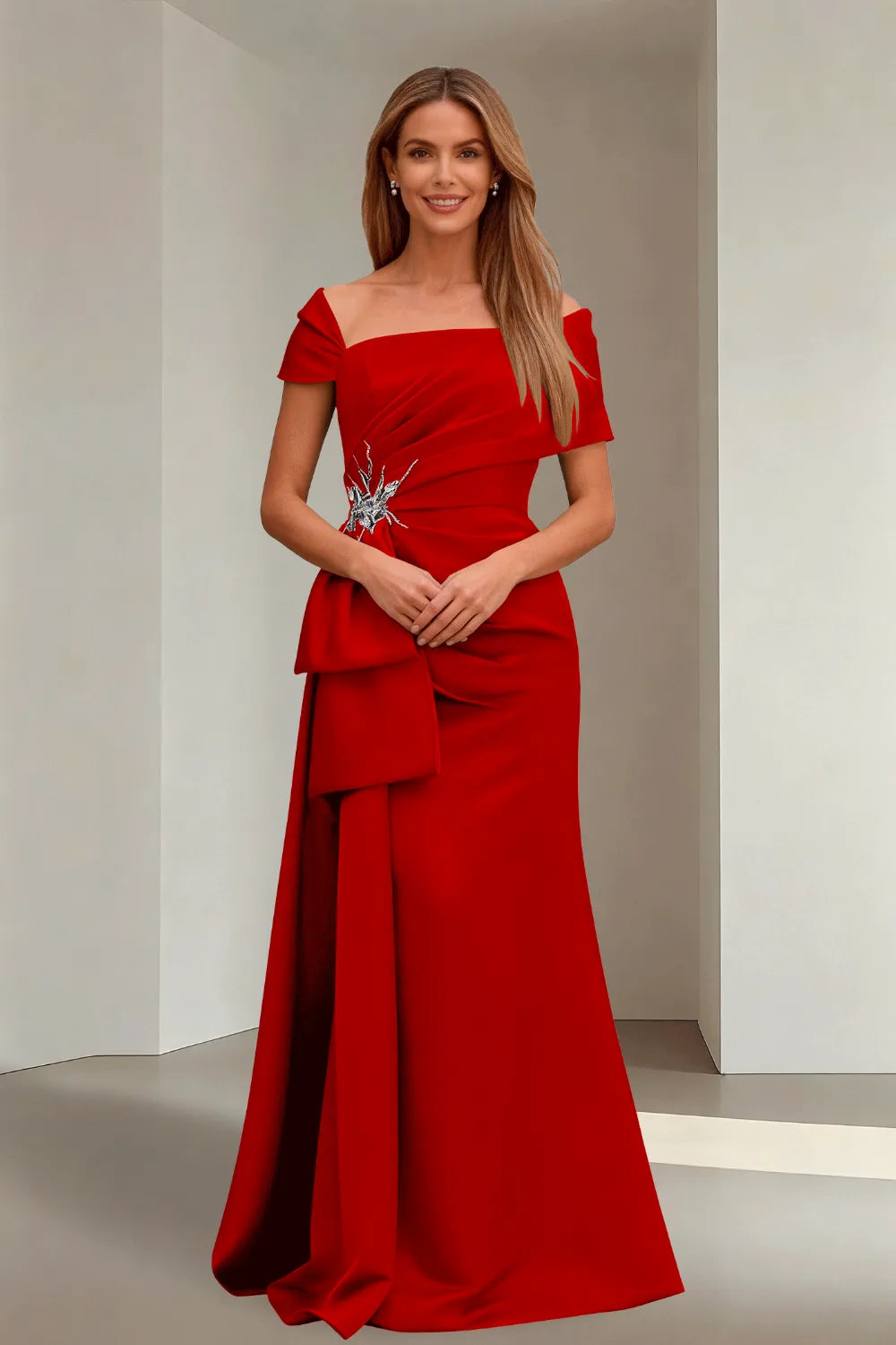 Off-Shoulder Ruched Floor-Length Formal Gown
