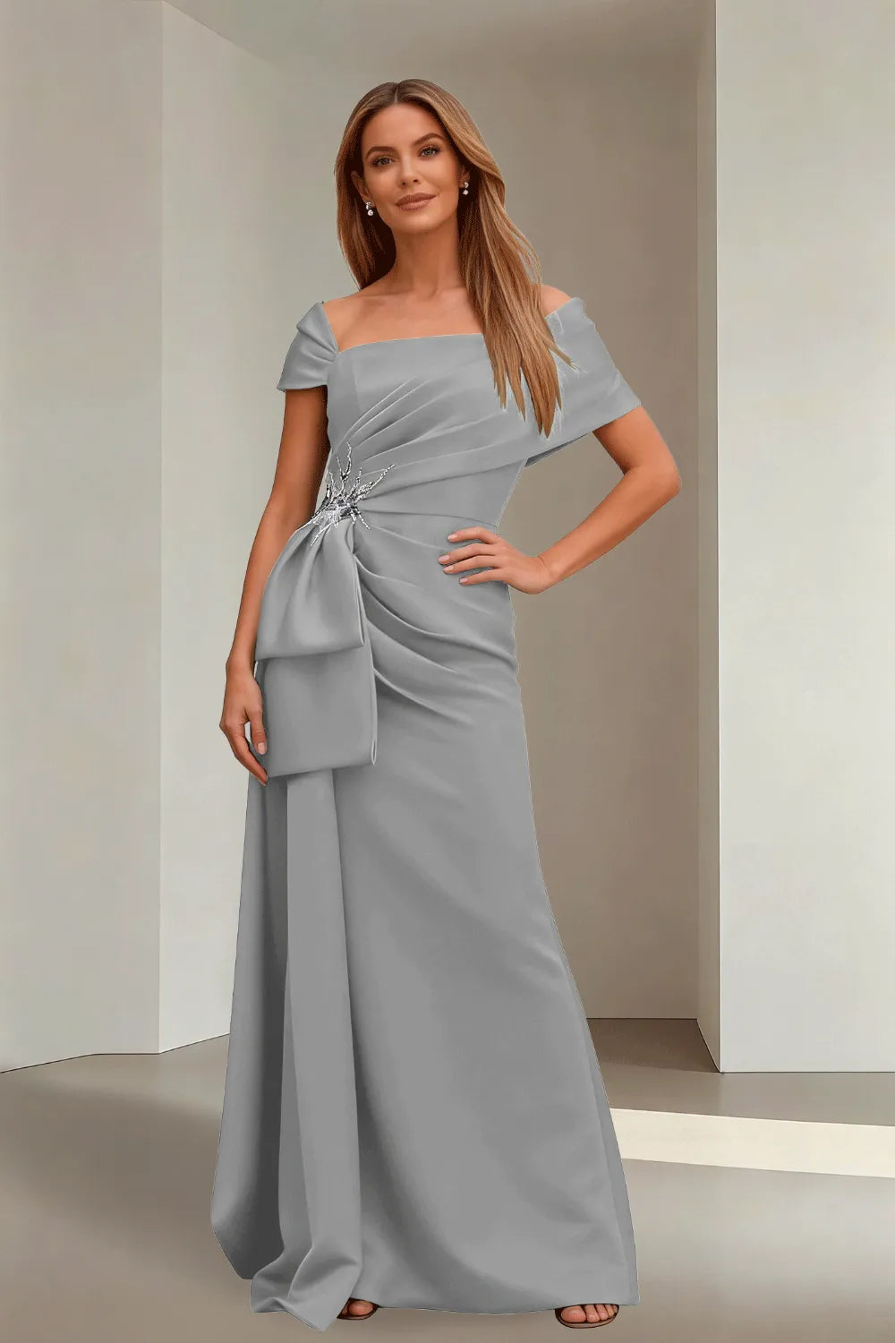 Off-Shoulder Ruched Floor-Length Formal Gown