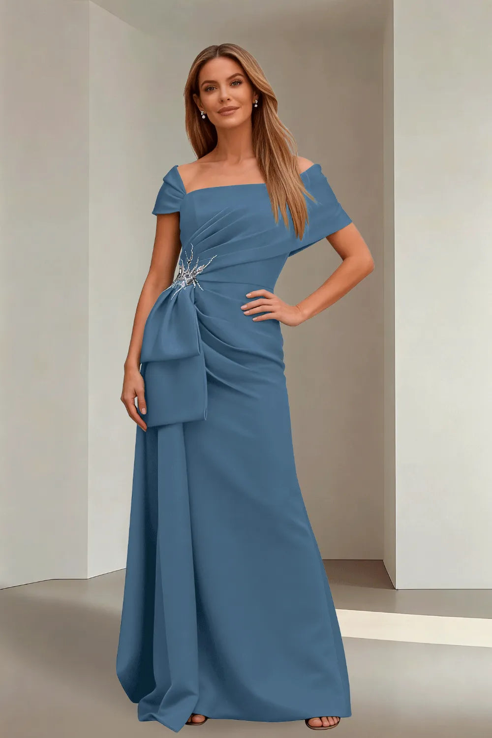 Off-Shoulder Ruched Floor-Length Formal Gown