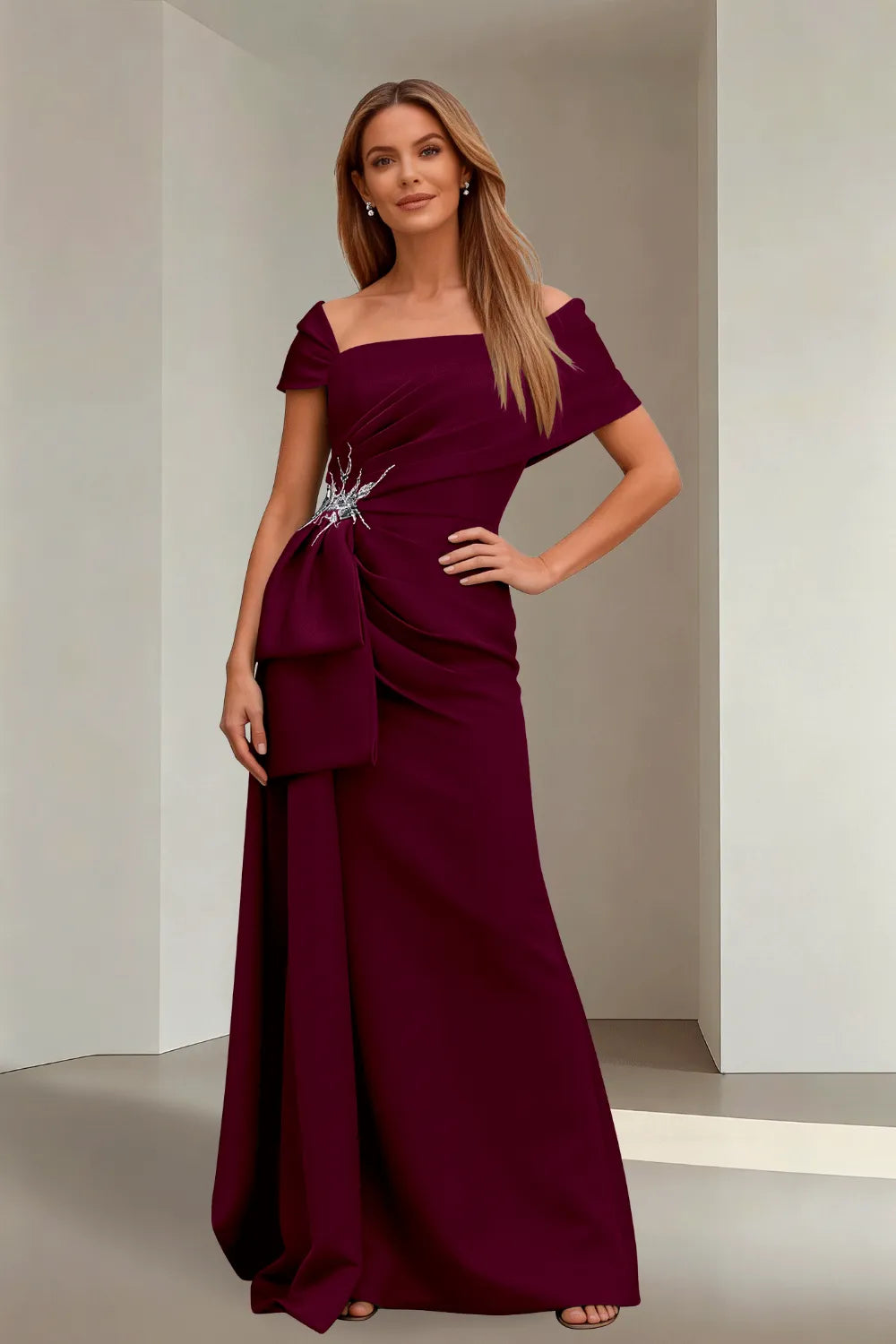 Off-Shoulder Ruched Floor-Length Formal Gown