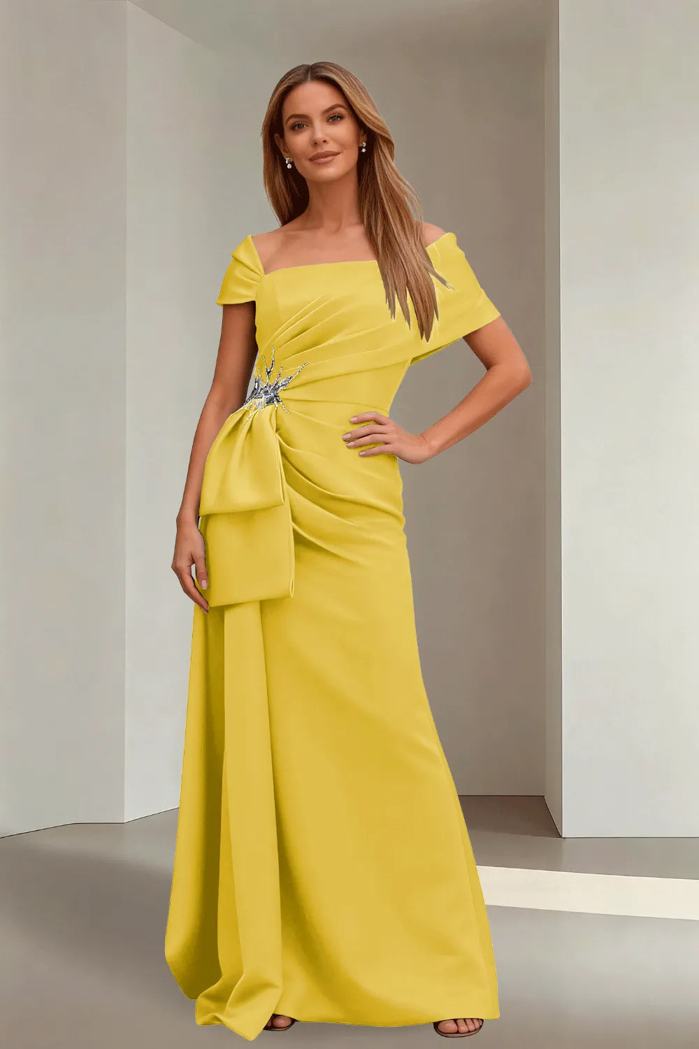 Off-Shoulder Ruched Floor-Length Formal Gown
