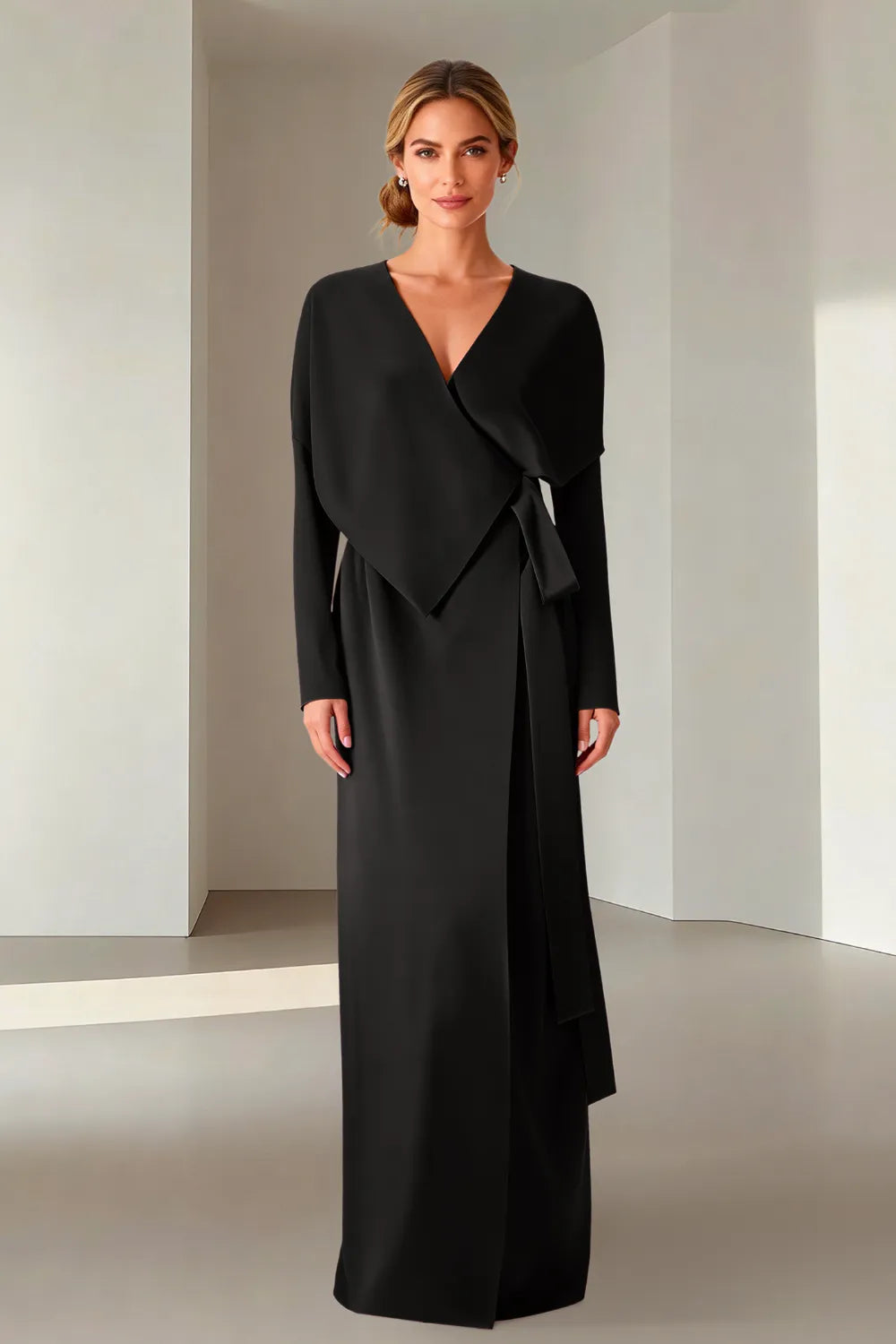 Elegant Long Sleeve Wrap Maxi Formal Dress