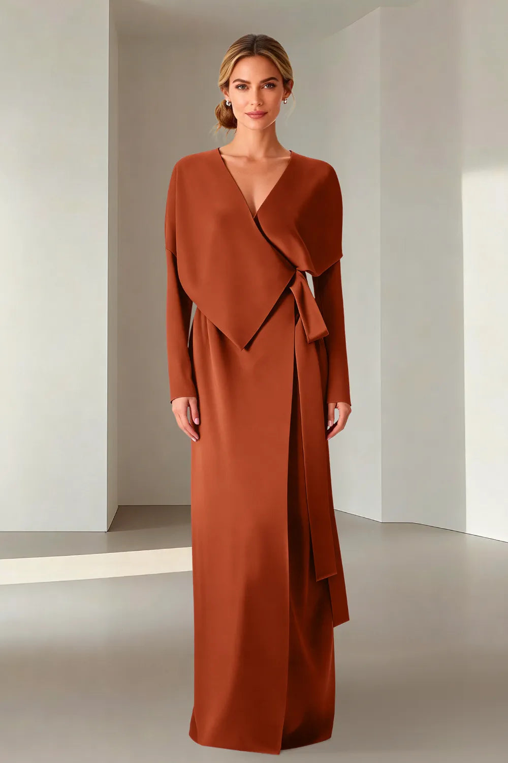 Elegant Long Sleeve Wrap Maxi Formal Dress